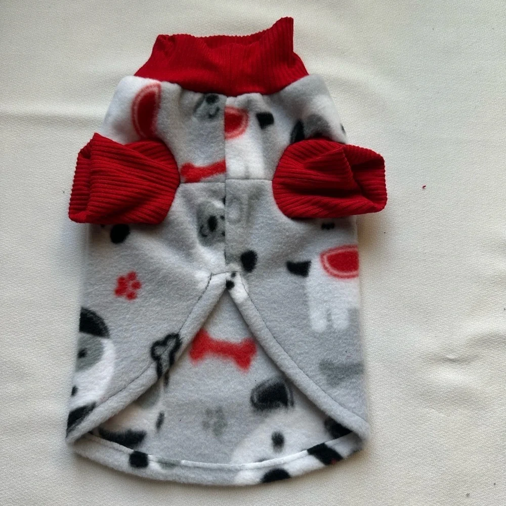Handmade Small Dog Fleece Sweater | Cozy Puppy Print | Red Ribbed Trim